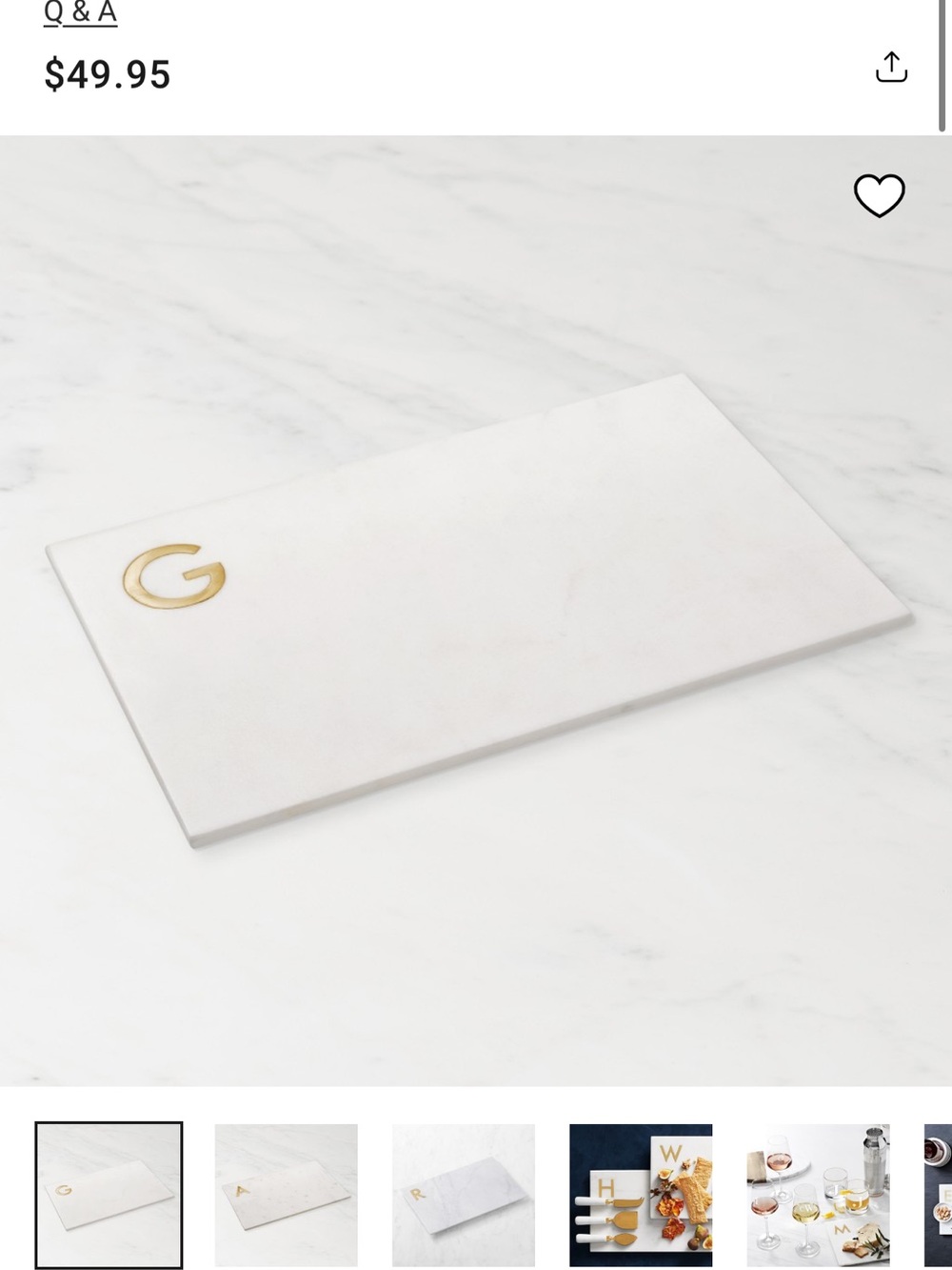 Williams Sonoma White Marble Serving Board with Gold 'G' Accent